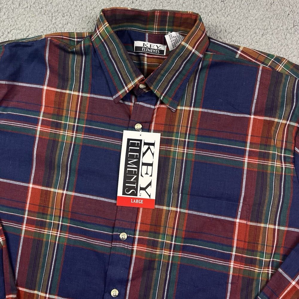 Vintage‎ Key Elements 90's Button Shirt Plaid Blue Red Long Sleeve Large NOS
